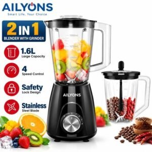 AILYONS TYB-205 PRO 2-in-1 Countertop Blender & Grinder - 1.6L, 350W, 4-Speed + Pulse - Black